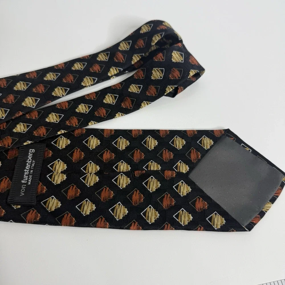 Von Furstenberg Men's Silk Necktie Black Orange‎ Gold Print 3 5/8